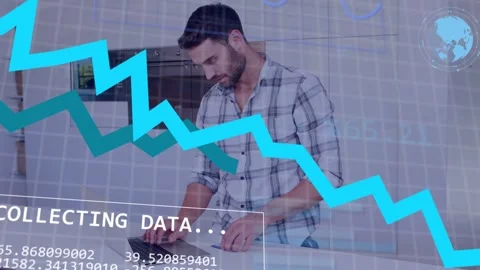 Man opening laptop tapping tablet causing COLLECTING DATA overlay line graphs Stock Footage 335255353