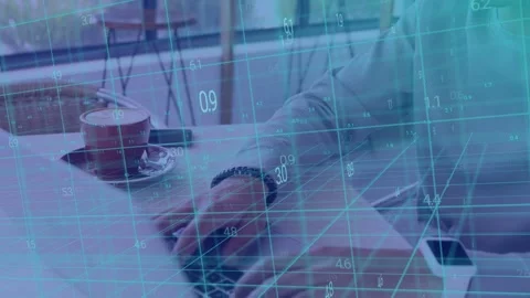 Man opening laptop, typing at cafe while teal grid overlaying keys, camera Stock Footage 335732015