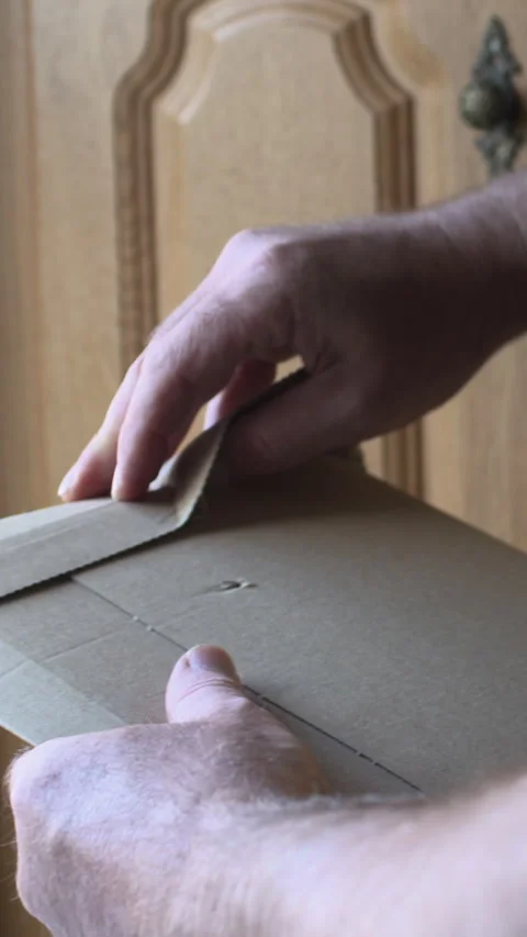 Man opening light carboard envelope parcel close up unboxing Vídeos de archivo 341510356