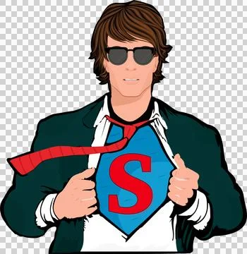 Man is opening suit in flat vector art, revealing blue undershirt with red S, Stock Illustration