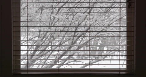 Man Opening WIndow Blinds Revealing Winter Exterior with Snow 库存影片 88227804