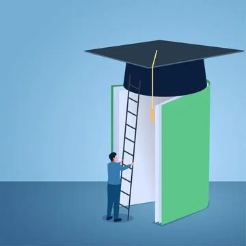 A man opens a book and puts a ladder to a graduation cap on it, illustratio.. Stock Illustration