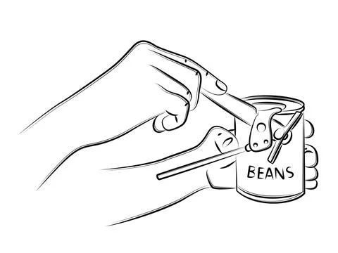 Man opens can of beans. Manual can opener and tin can. Kitchen utensils Stock Illustration