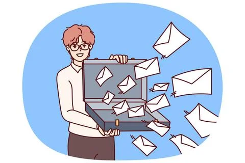 Man opens case with letters symbolizing mailing lists and business alerts ... Stock Photos