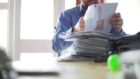 Man Opens Debt Letters Piling Up with Bills Overdue, Final Notice 4K Stock Footage