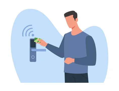 Man opens electronic lock using ID card. Male character scanning at access Illustrazione stock