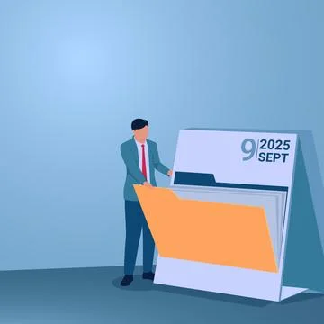 A man opens a folder on a desk calendar, an illustration of scheduling, tim.. Stock Illustration