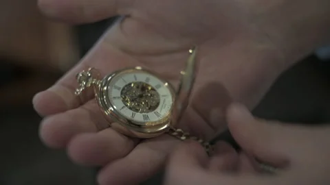 Man Opens Gold Pocket Watch in Hand Stock Footage 246247433