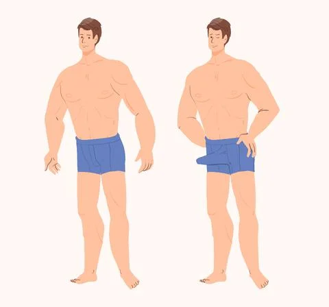 A man opens his pants and looks into his panties, a pumped up guy with large Stock Illustration