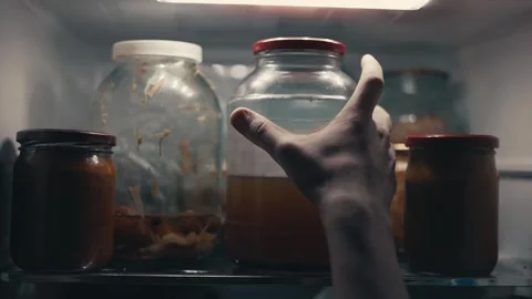 Man opens the refrigerator at night and takes out a glass jar of kvass Video stock 276716782