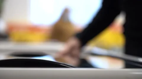 The man opens the refrigerator in the store and takes the frozen food. side view Stock Footage 145466495