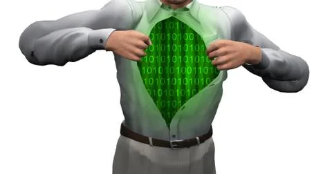 Man opens shirt to reveal binary streams Stock Illustration