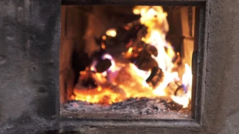 A man opens the stove door, a fire burns inside Stock Footage 261538684