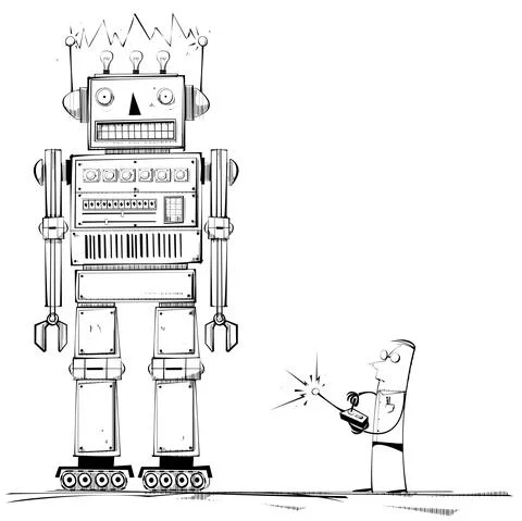 Man Operates Giant Robot with Remote Control Stock Illustration