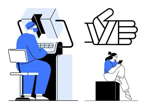 Man operating a computer next to a woman checking her smartphone large thumbs Stock Illustration
