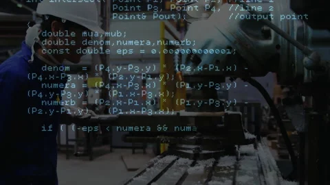 Man operating drill press in industrial workshop, with metal shavings and code 스톡 동영상 308100348