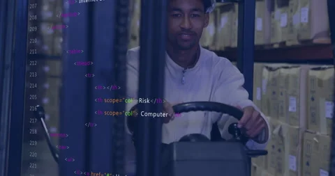 Man operating forklift in warehouse with HTML code overlay animation Stock Footage 304077066