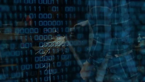 Man operating grinder in workshop, with floating binary code blending industry 스톡 동영상 308100333