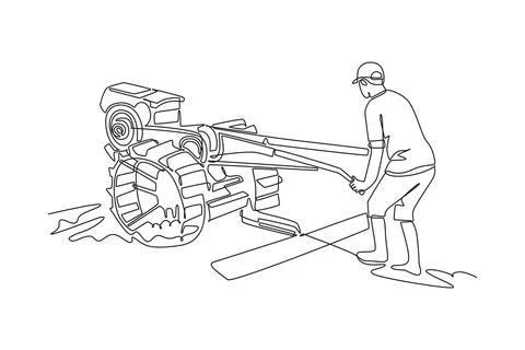 Man operating a hand walking tractor in muddy agricultural field Stock Illustration