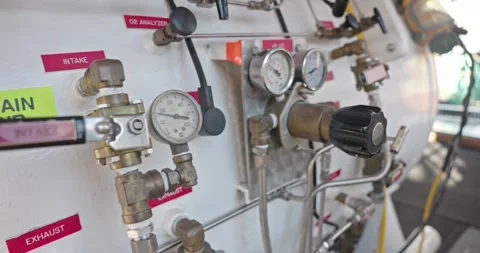 Man operating valves on hyperbaric chamber close up Stock Footage 275341199