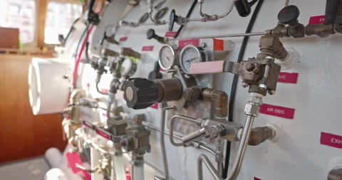 Man operating valves on hyperbaric chamber close up Stock Footage 275341201