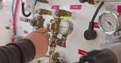 Man operating valves on hyperbaric chamber close up Stock Footage 275341205