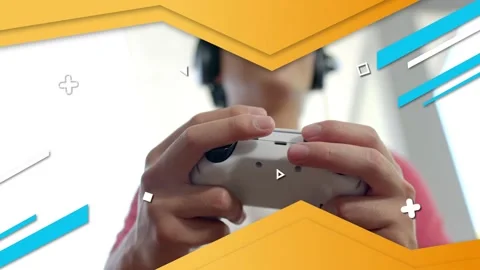 Man operating wired gamepad, button input starting sliding chevrons and gaming Stock Footage 335465534
