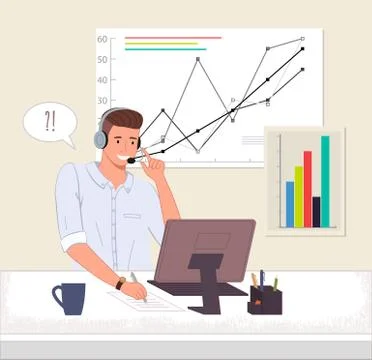 Man operator business support call center ot hotline at the computer speaks with Stock Illustration