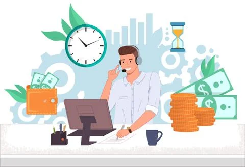 Man operator finance support call center ot hotline at the computer speaks with Stock Illustration