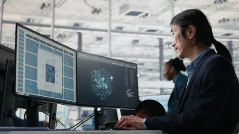 Man optimizes hardware in microchip factory office with artificial intelligence Stock Footage 335879938