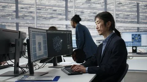 Man optimizes hardware in microchip factory office with artificial intelligence 写真素材