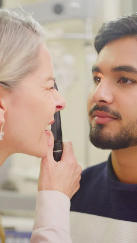 Man, optometrist and eye test with checkup for vision, sight or healthcare in Stock Footage 327286577