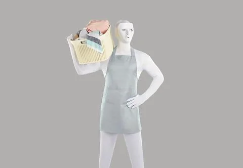 Man or android robot in white bodysuit and mask helping with housework and doing Stock Photos