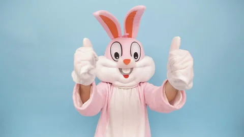 Man or boy in a easter bunny or rabbit or hare costume congratulations on Happy Видео 148400050