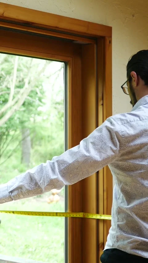 A Man or Contractor Measures a Large Sliding Door - Angle 1 - Vertical Stock Footage 333706641