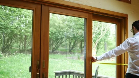 A Man or Contractor Measures a Large Sliding Door - Angle 1 Stock Footage 333706654