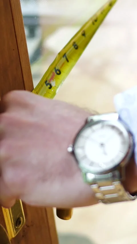 A Man or Contractor Measures a Large Sliding Door - Angle 2 - Vertical Stock-Footage 333706655