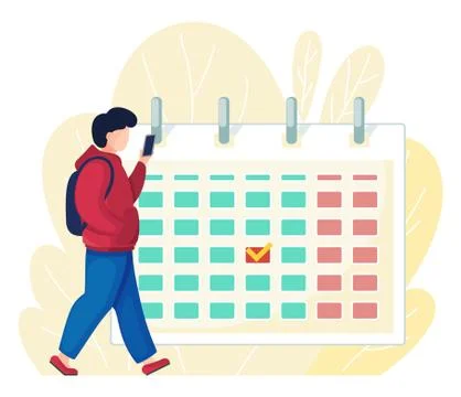 Man or guy with smartphone, using calndar, planning concept, checkmark in Stock Illustration