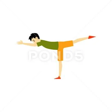 Man or guy standing in balance yoga pose cartoon flat vector