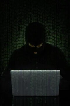 Man or hacker working on a laptop at night Stock-Illustration