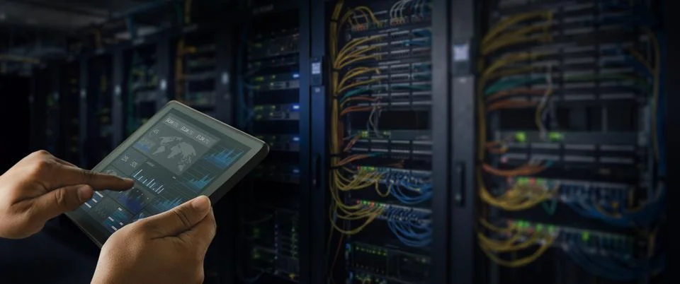 Man or technician using tablet dashboard beside network and server racks, m.. Foto stock