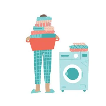 Man or woman holding stack of clean folded clothes, laundry theme. Big pile of Illustrazione stock
