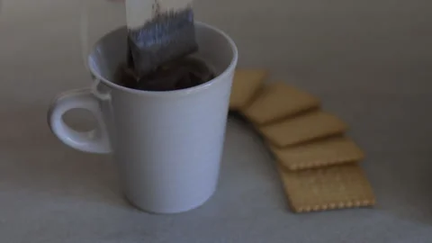 Man or woman prepares a cup of tea for breakfast early in the morning. Closeup Stock-Footage 141381853