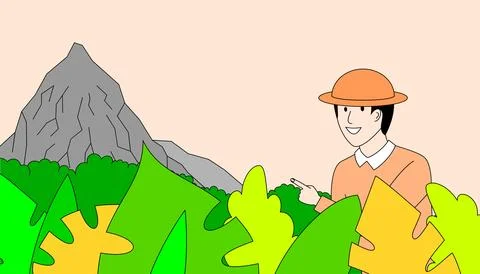 Man in an orange hat is standing in a forest with a mountain in the backgroun Illustrazione stock
