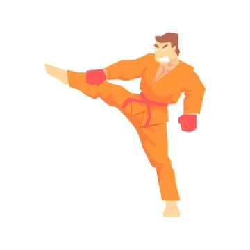 Man In Orange Kimono Taekwondo Martial Arts Fighter, Fighting Sports Stock Illustration