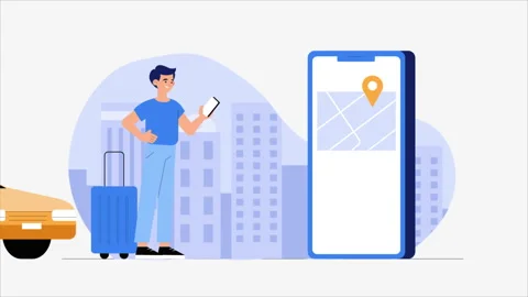 Man Order Taxi With Smartphone Application And Safe Drive Yellow Cartoon Car Stock Footage 232199520