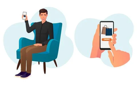 Man ordering Online Using Mobile Phone And Internet. Buy online From Home Con Stock Illustration