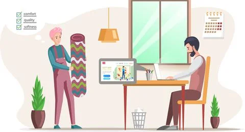 Man orders carpet in an online store, buys an interior element, works with Stock Illustration