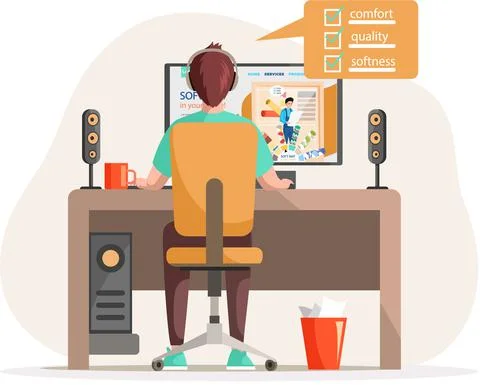 Man orders carpet in an online store, buys an interior element, works with Stock Illustration