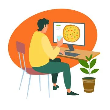 A man orders a pizza online from a computer during the quarantine Stock Illustration